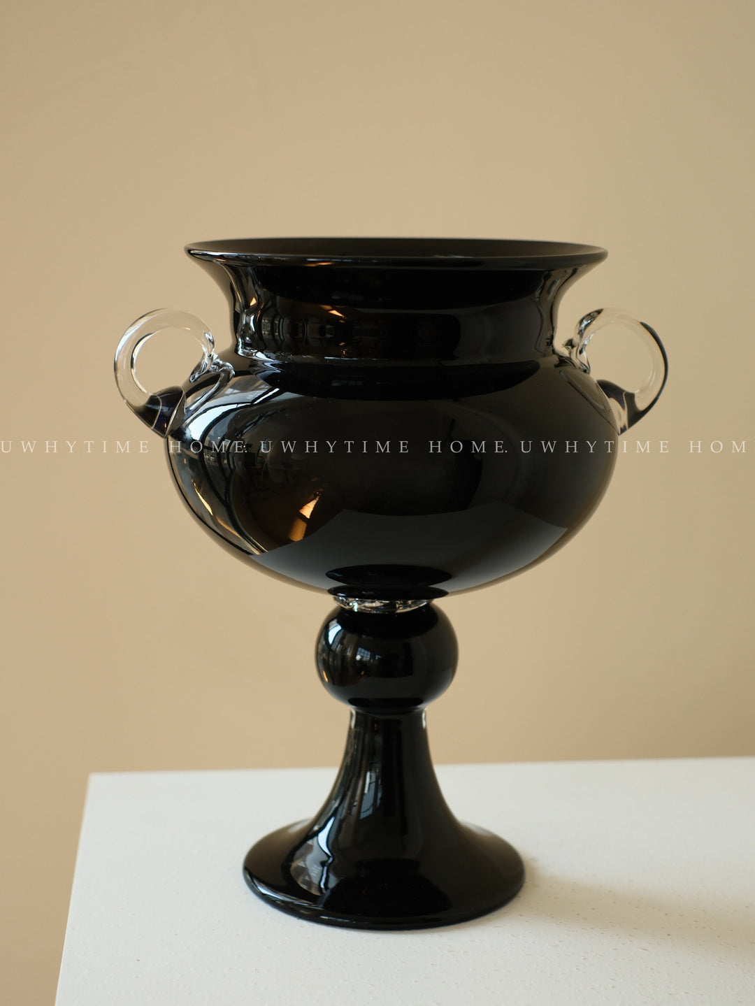 Handblown Footed Pedestal Glass Urn Vase with Applied Loop Handles Kalsten