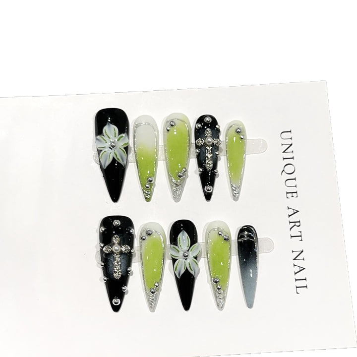 Artistic Floral and Gemstone Press-On Nail Set