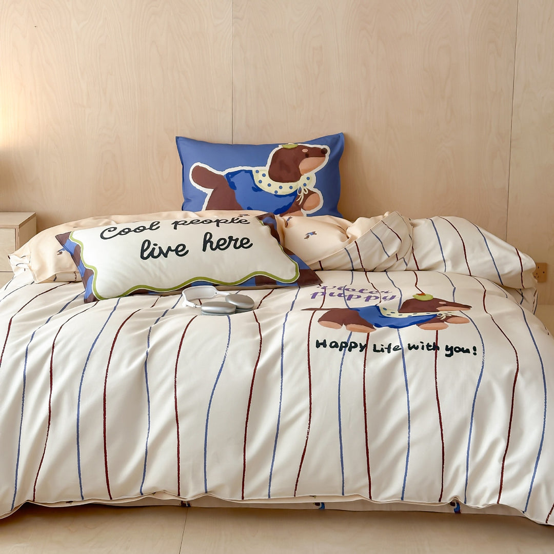 Bedding set made of cotton satin with embroidered bow motif and fine decorative piping