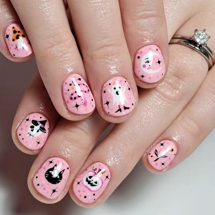 Festive Ghost and Pumpkin Press-On Nail Art Kalsten