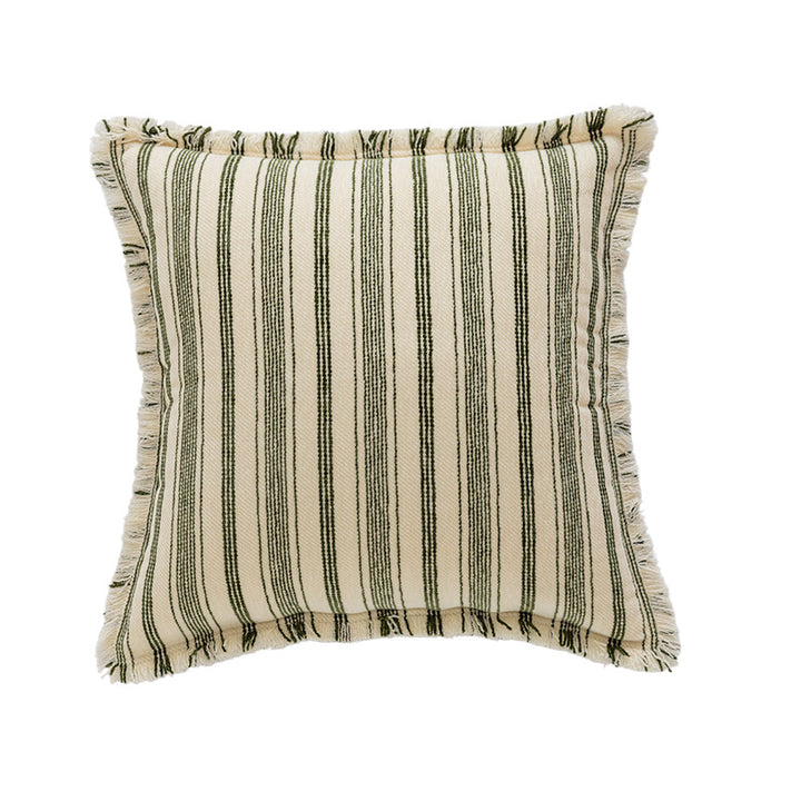 Square Woven Cotton Stripe Accent Pillow with Fringed Border and Removable Cover