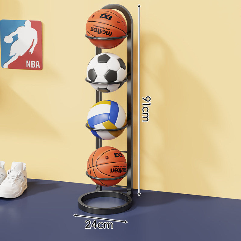 Vertical Sports Ball Storage Rack with Four Hoop Holders and Slim Metal Frame