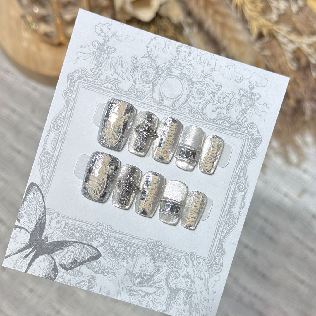 Metallic Press-On Nail Set with Decorative Silver Accents Kalsten