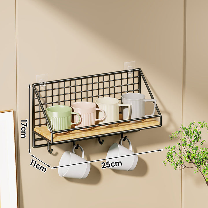 Ventilated Grid Wall Shelf with Wood-Look Tray and Clear Suction Mounts