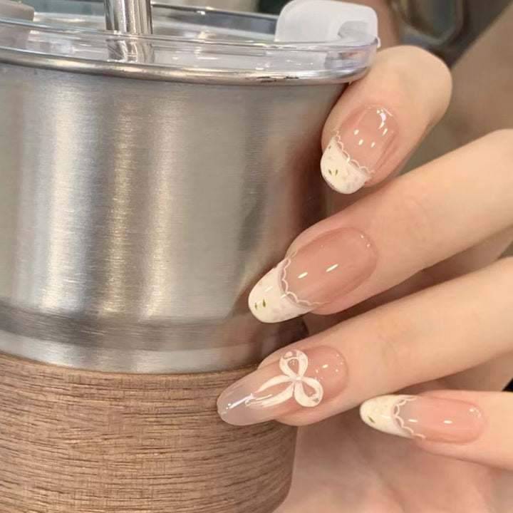 Press-On Nail Art Set with Elegant Bow and French Tip Design Kalsten