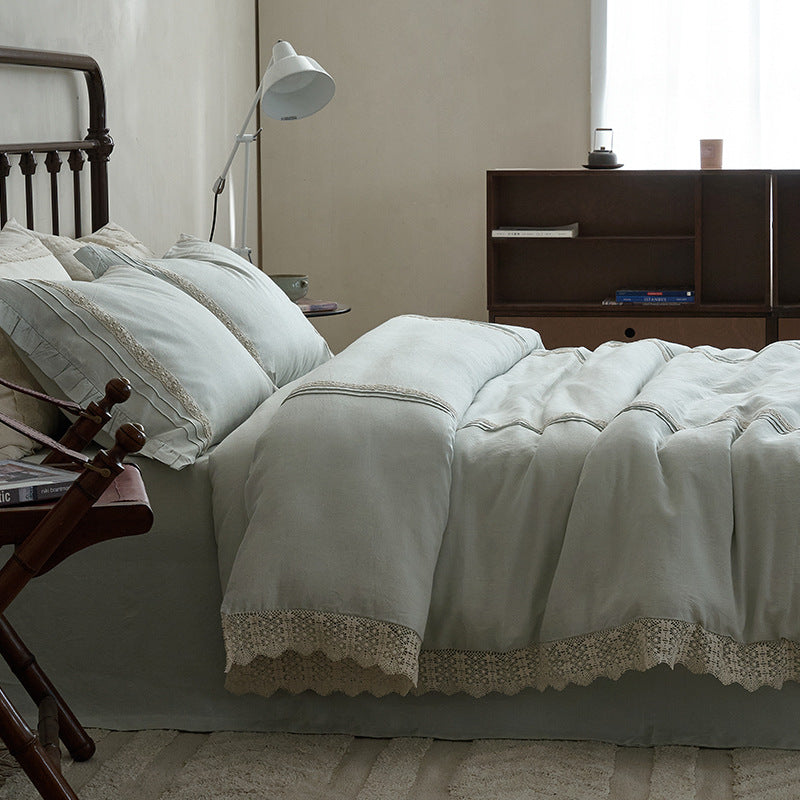 High-quality linen bedding set with handcrafted crochet lace, box pleats, and integrated bed skirt