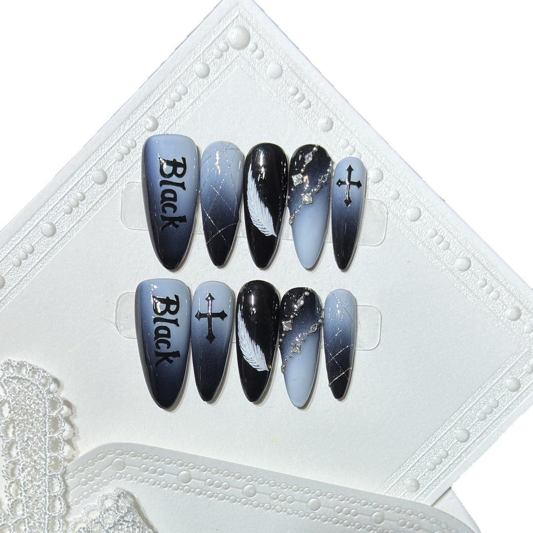 Artistic Press-On Nail Set with Gothic Feather and Cross Design Kalsten