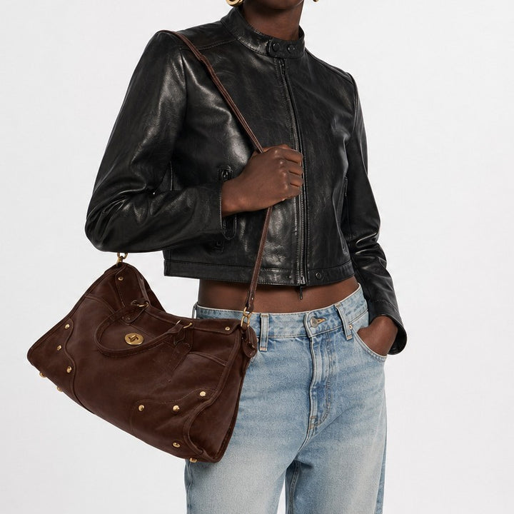 Elegant Suede Handbag with Brass Accents