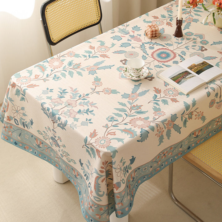 Rectangular easy-care tablecloth in floral jacquard with decorative border Kalsten