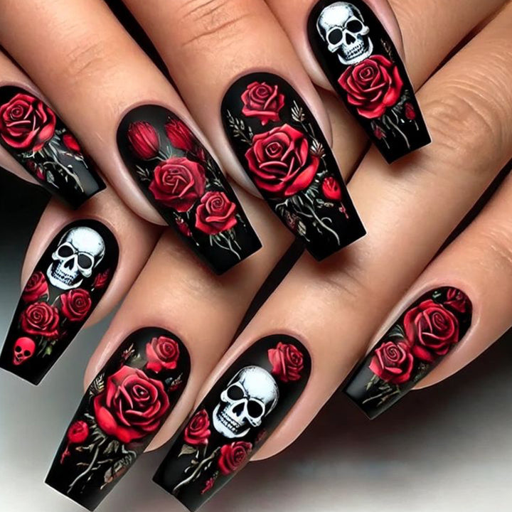 Gothic Skull and Rose Nail Art Extensions Kalsten