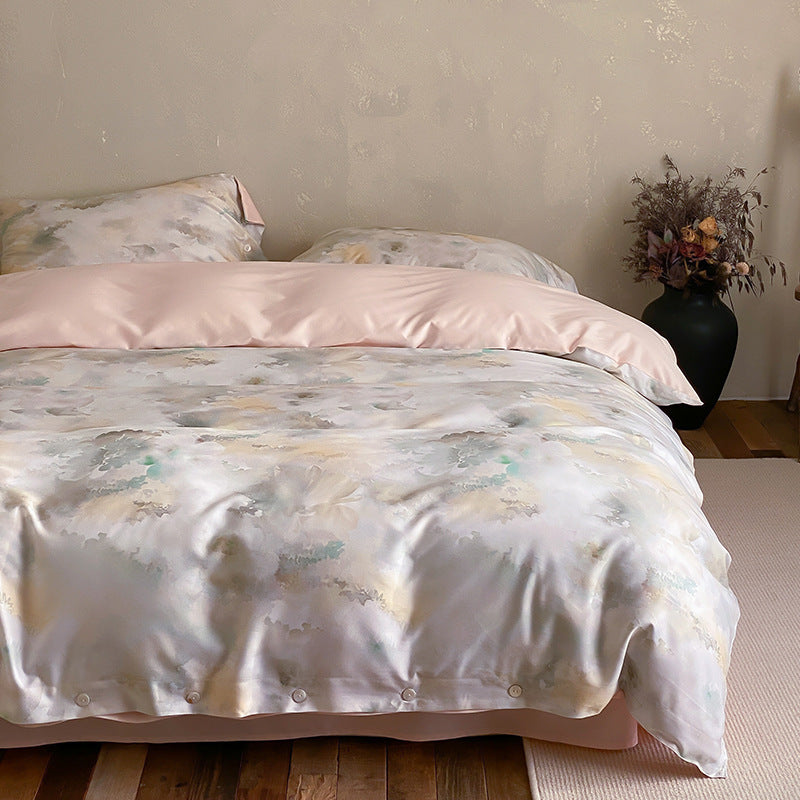 Premium cotton satin duvet cover set with floral jacquard relief and button closure