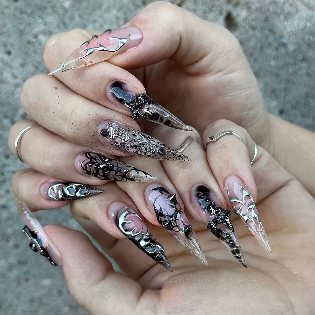 Artistic Stiletto Nail Extensions with Black Detailing Kalsten