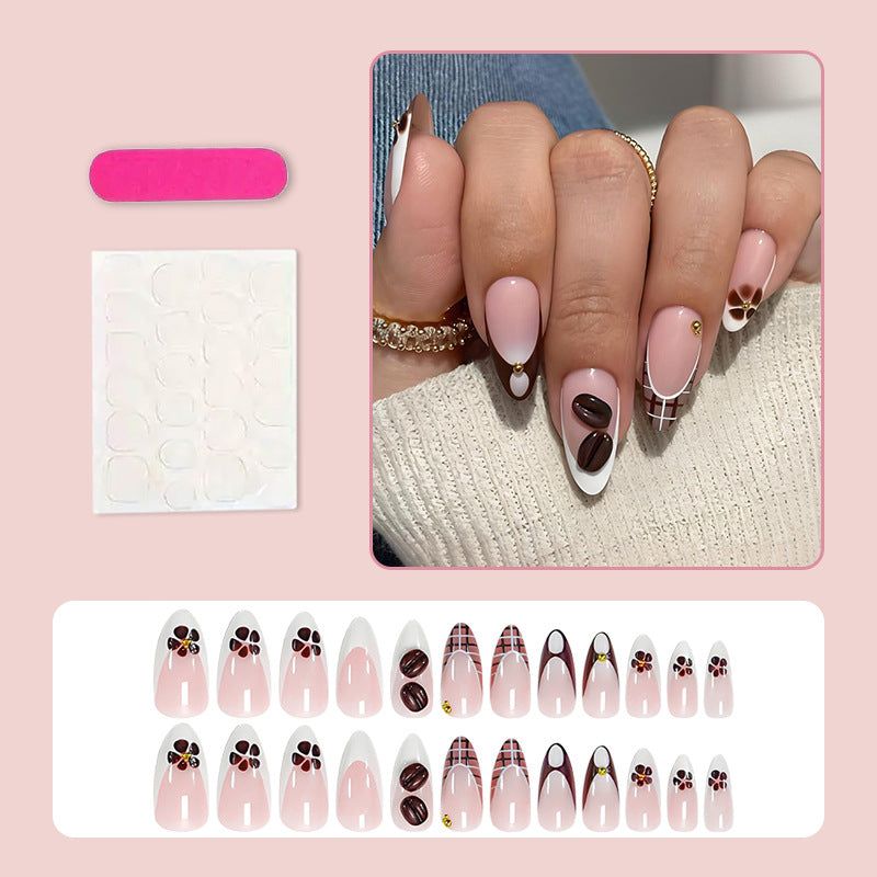 Art nail set with elegant coffee and flower motif Kalsten