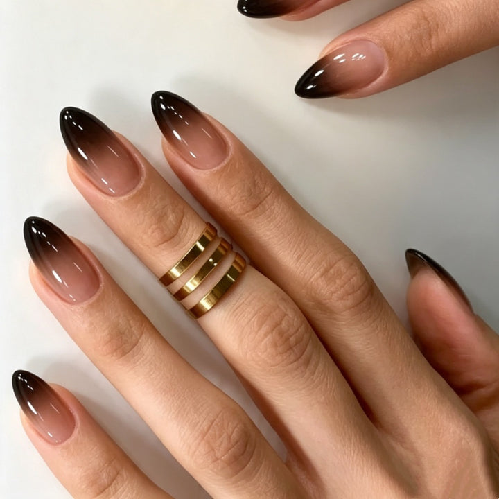 Artificial nails with elegant ombre design and filigree edge Kalsten