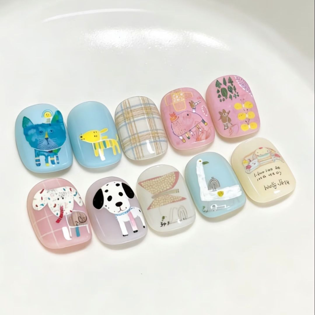 Artistic Cat-Themed Press-On Nail Art Set Kalsten