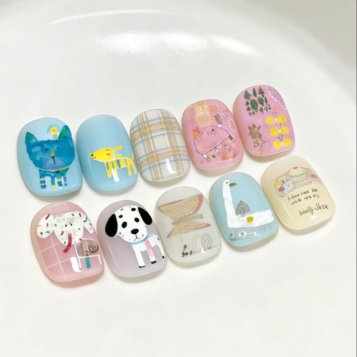 Artistic Cat-Themed Press-On Nail Art Set Kalsten