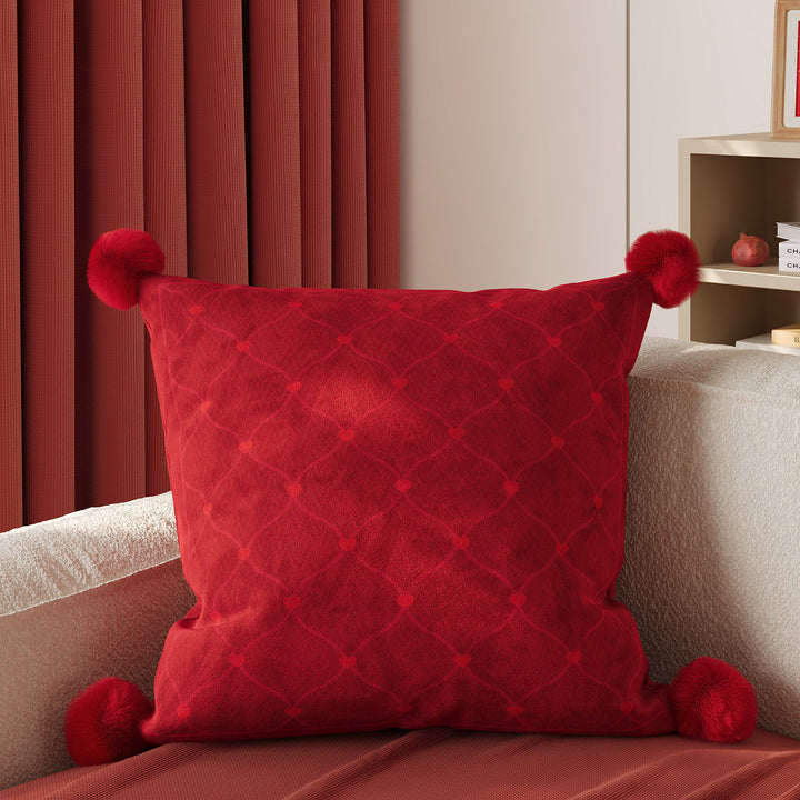 Luxurious Velvet Pom-Pom Throw Pillow with Jacquard Heart Pattern