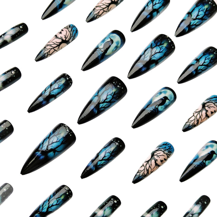 Creative artificial nails with mystical moon and crow design Kalsten