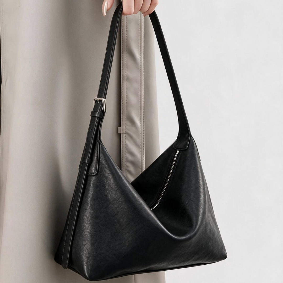 Soft Slouch Hobo Shoulder Bag with Adjustable Buckle Strap and Diagonal Zip Pocket