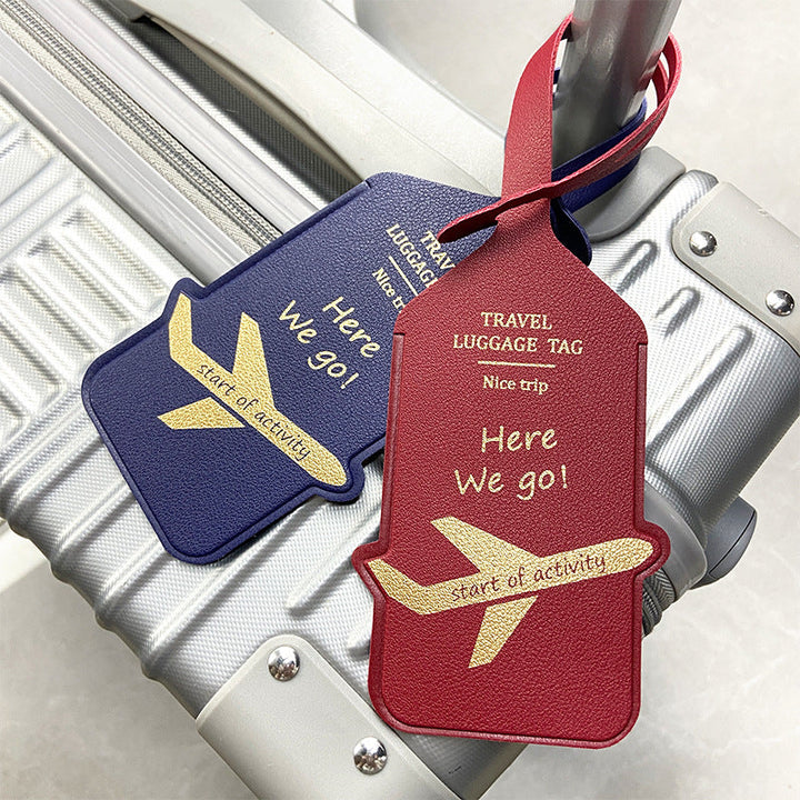 premium leather travel luggage ID tag with embossed airplane motif and adjustable strap Kalsten