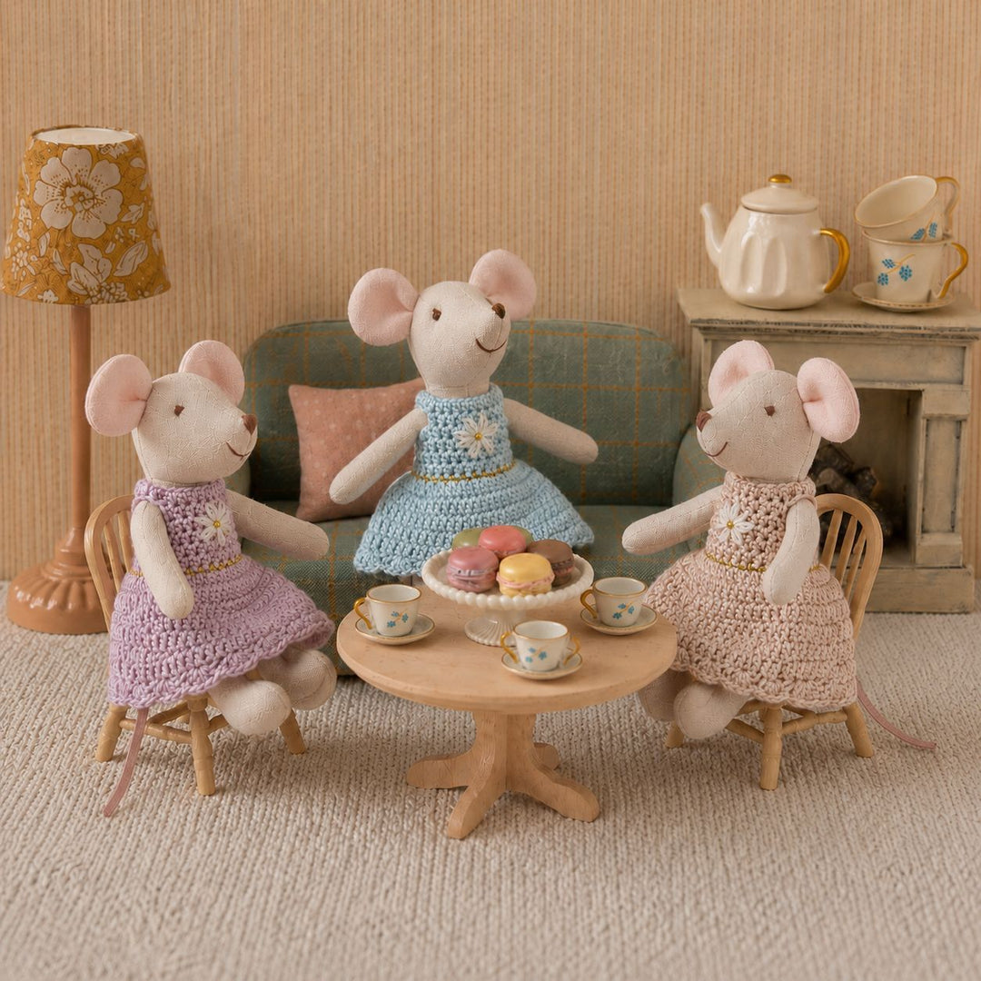 Handcrafted Linen Cotton Mouse Doll with Crochet Dress and Embroidered Flower