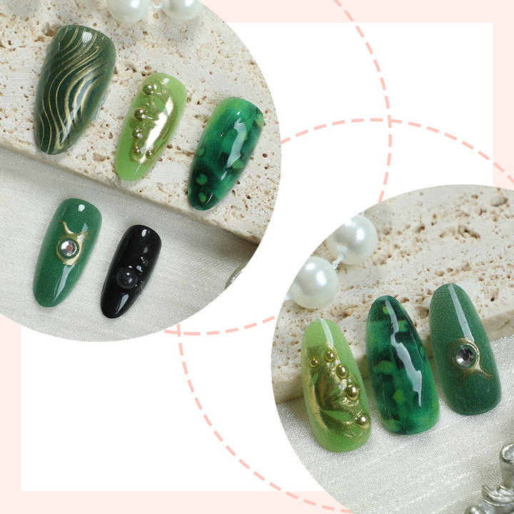 Artistic Press-On Nail Art Set with Emerald and Gold Designs kalsten