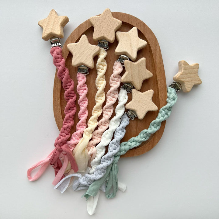 Wooden Star Pacifier Clip with Braided Cotton Strap