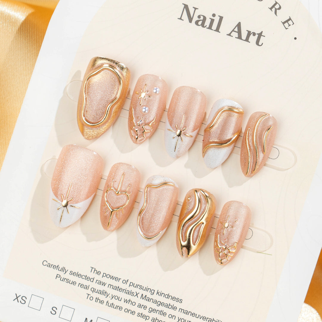 Artistic Press-On Nail Set with Elegant Gold Accents Kalsten