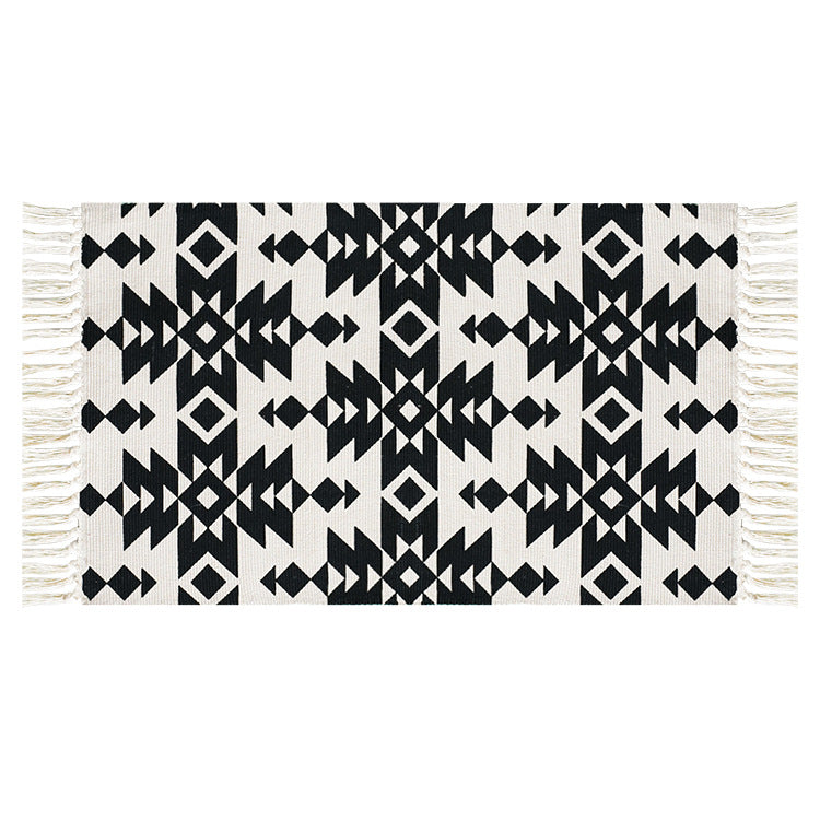 Flat-woven cotton runner with Mediterranean tile jacquard and decorative fringes Kalsten