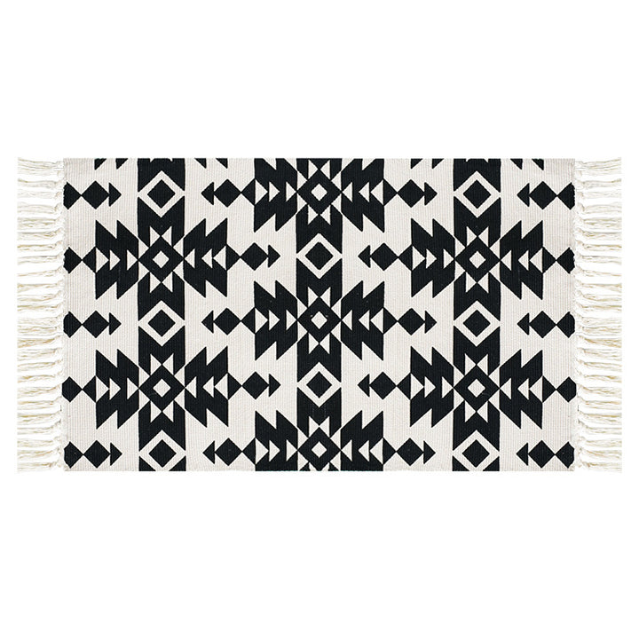 Flat-woven cotton runner with Mediterranean tile jacquard and decorative fringes Kalsten