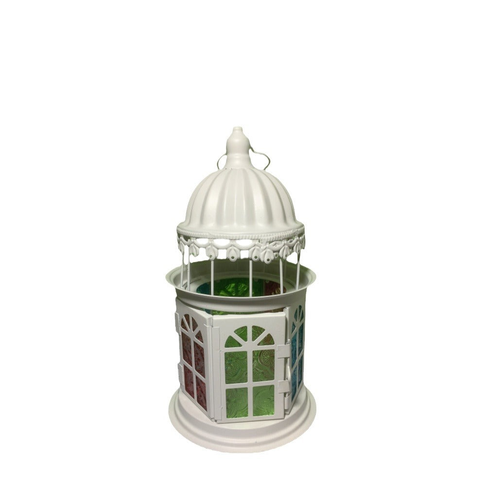 Ornamental Gothic Dome Lantern with Colored Glass Panels and Tealight Holder Kalsten