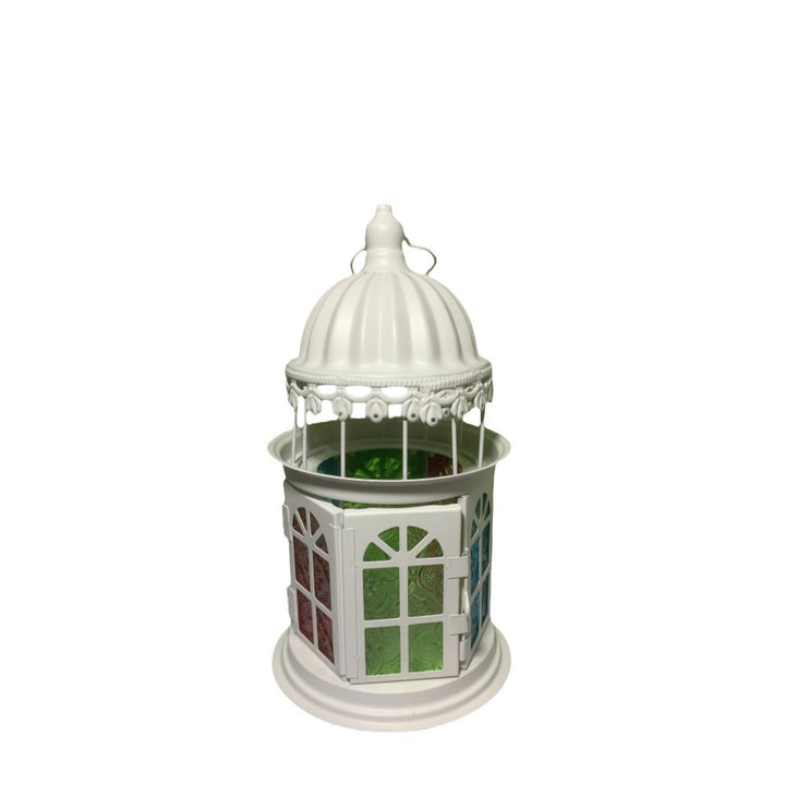 Ornamental Gothic Dome Lantern with Colored Glass Panels and Tealight Holder Kalsten