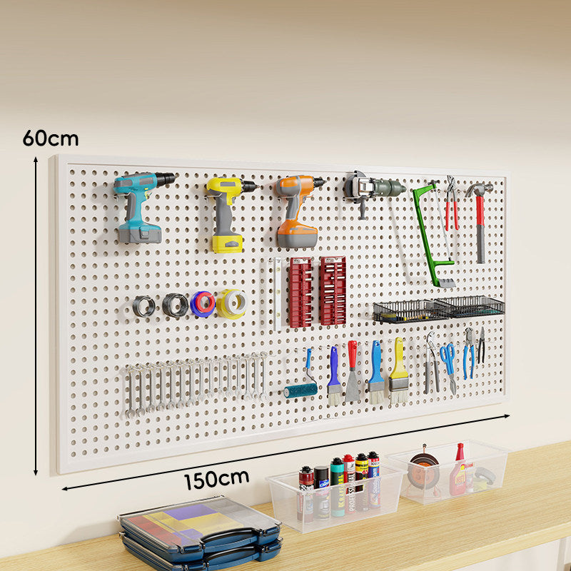 Wall-Mounted Perforated Metal Tool Pegboard Organizer Panel with Modular Hooks and Wire Baskets