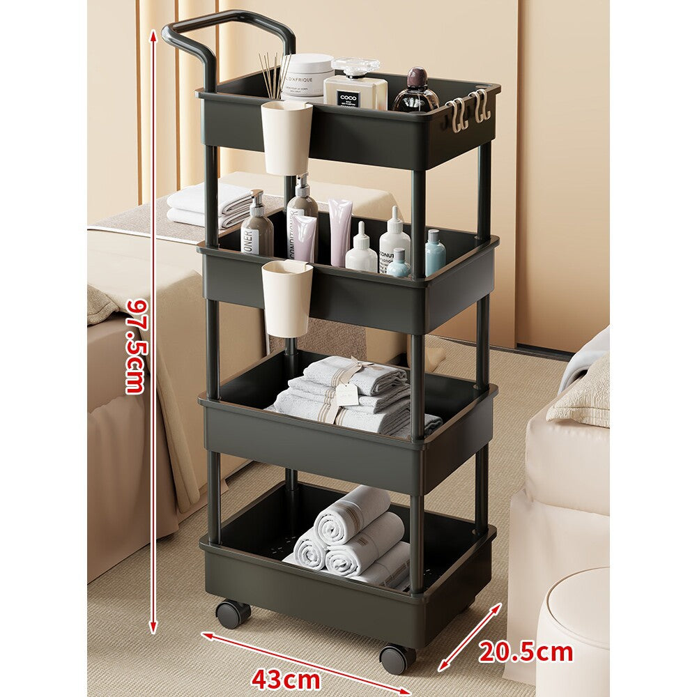 Compact Two-Tier Rolling Storage Trolley with Handle and Hooks