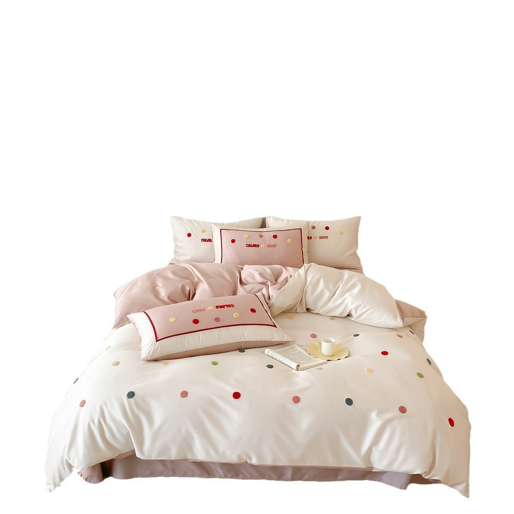 Bedding set with embroidered polka dots made of cotton satin, reversible duvet cover & decorative pillow