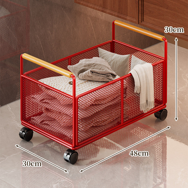 Low-Profile Metal Mesh Storage Crate with Dual Wood-Accent Handles for Blankets and Towels