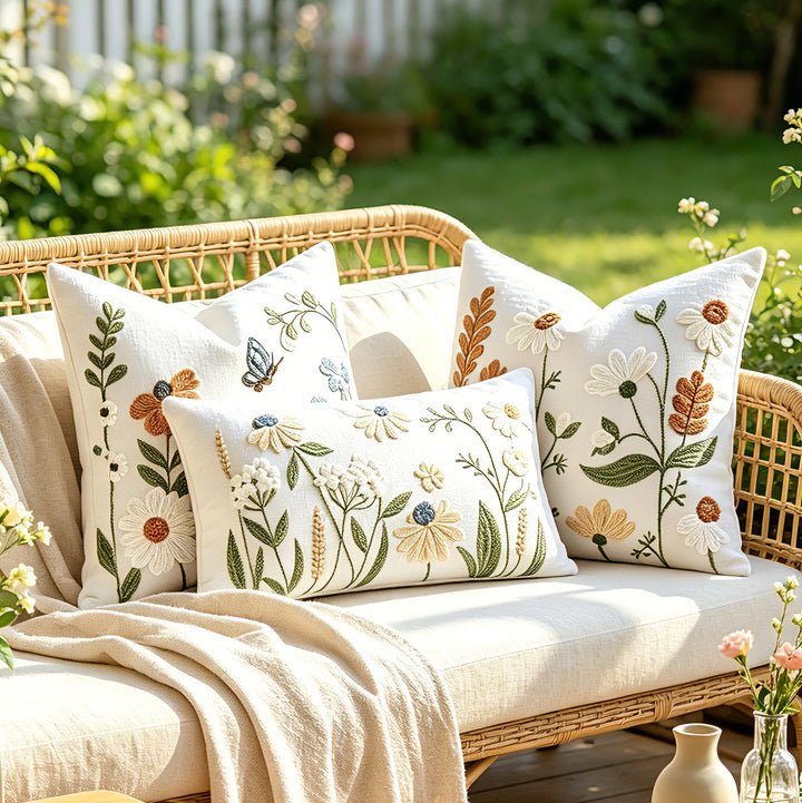 Embroidered Botanical Linen Decorative Pillow Cover with Textured Chenille Accents