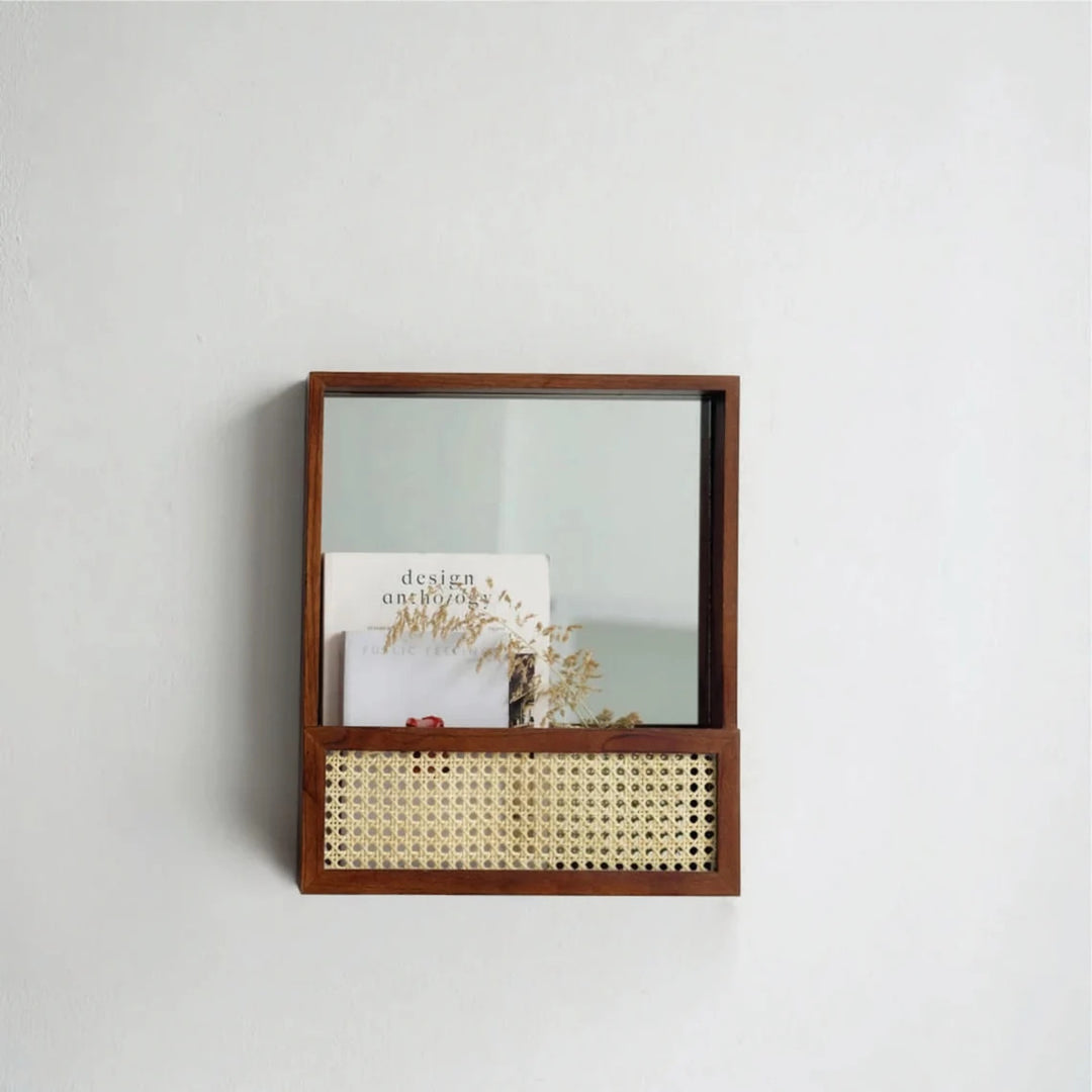 Rustic wall mirror with natural rattan frame Kalsten
