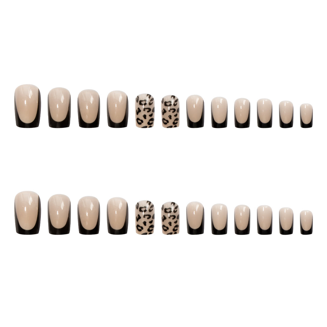 Artificial nail set with elegant leopard motif and black French design Kalsten
