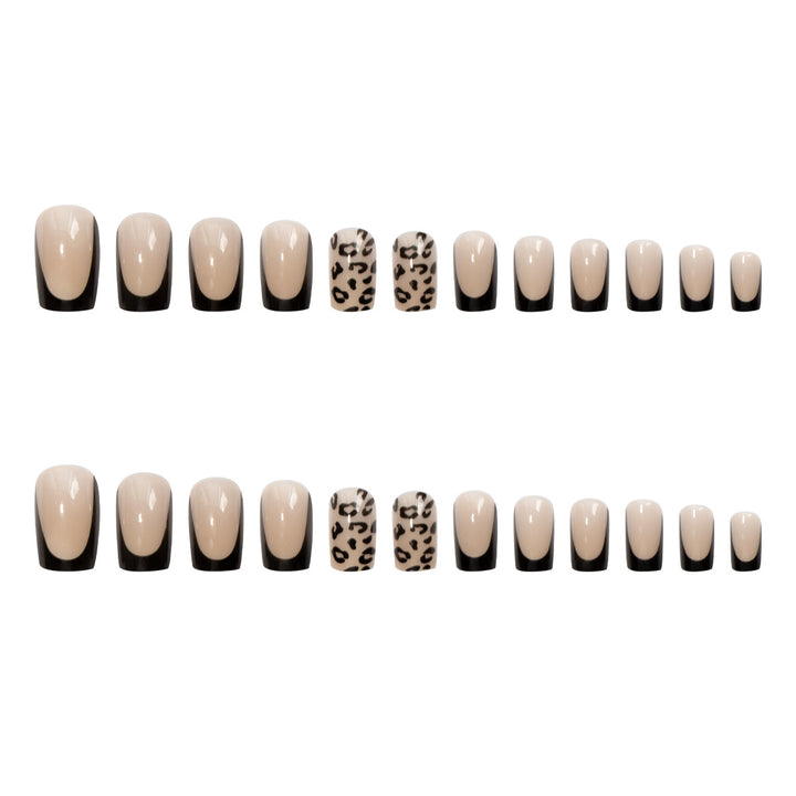 Artificial nail set with elegant leopard motif and black French design Kalsten