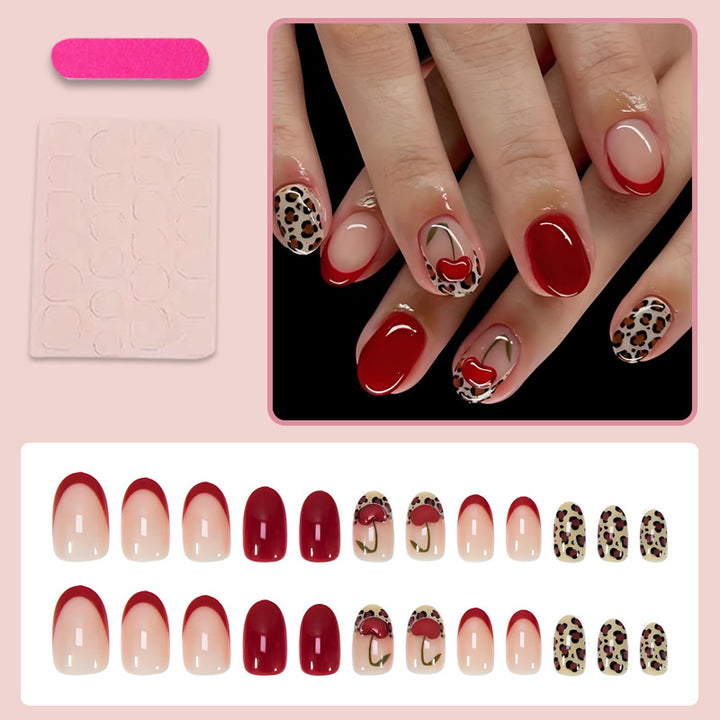 Artificial nail set with trendy leopard and cherry designs Kalsten