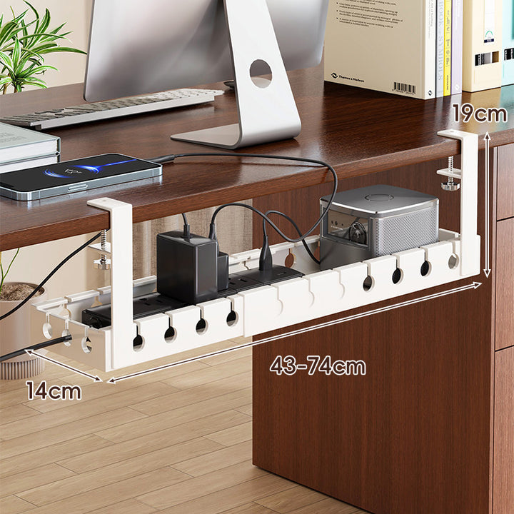 Adjustable Clamp-Mounted Under-Desk Power Strip & Cable Management Tray