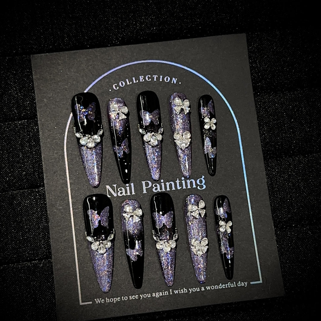 Elegant Stiletto Press-On Nail Art Set with Gemstone Accents
