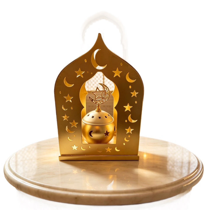 Ornate Metal Crescent-Star Tabletop Lantern with Rotating Incense Burner Kalsten