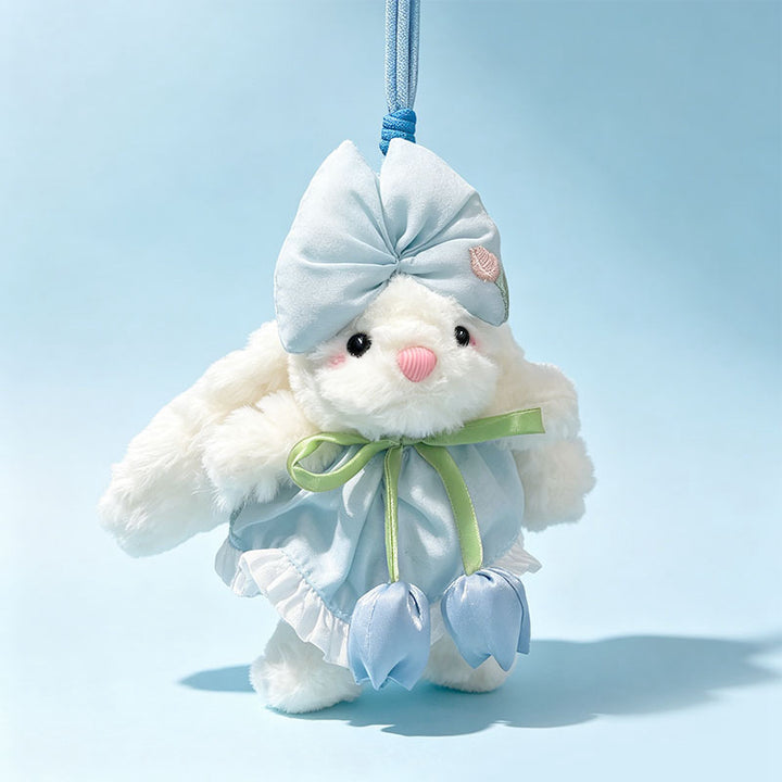 Plush Bunny Bag Charm Keychain with Decorative Bow and Floral Dress Kalsten