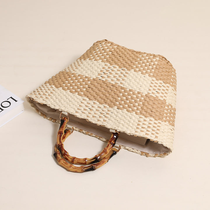 Braided bast bag with bamboo handle and decorative lining Kalsten