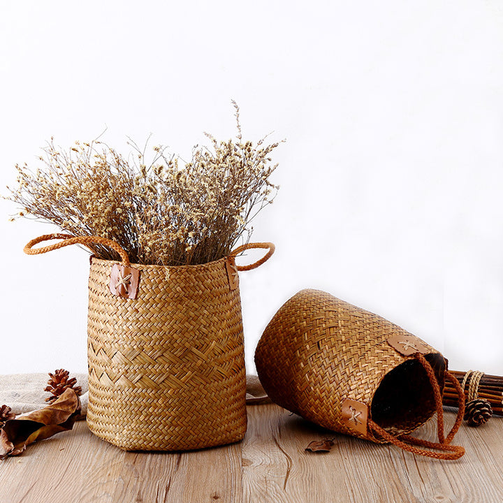 Unisex Handwoven Storage Basket with Leather Handles Kalsten