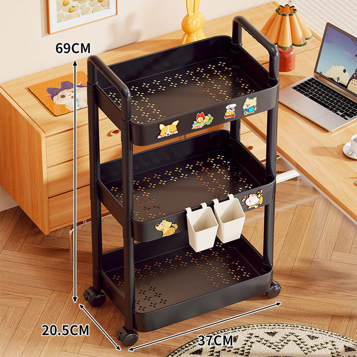 Triple-Tier Rolling Metal Storage Cart with Perforated Trays and Locking Casters