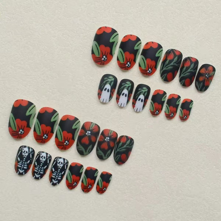 Acrylic nail set with creepy Halloween designs and floral accents Kalsten