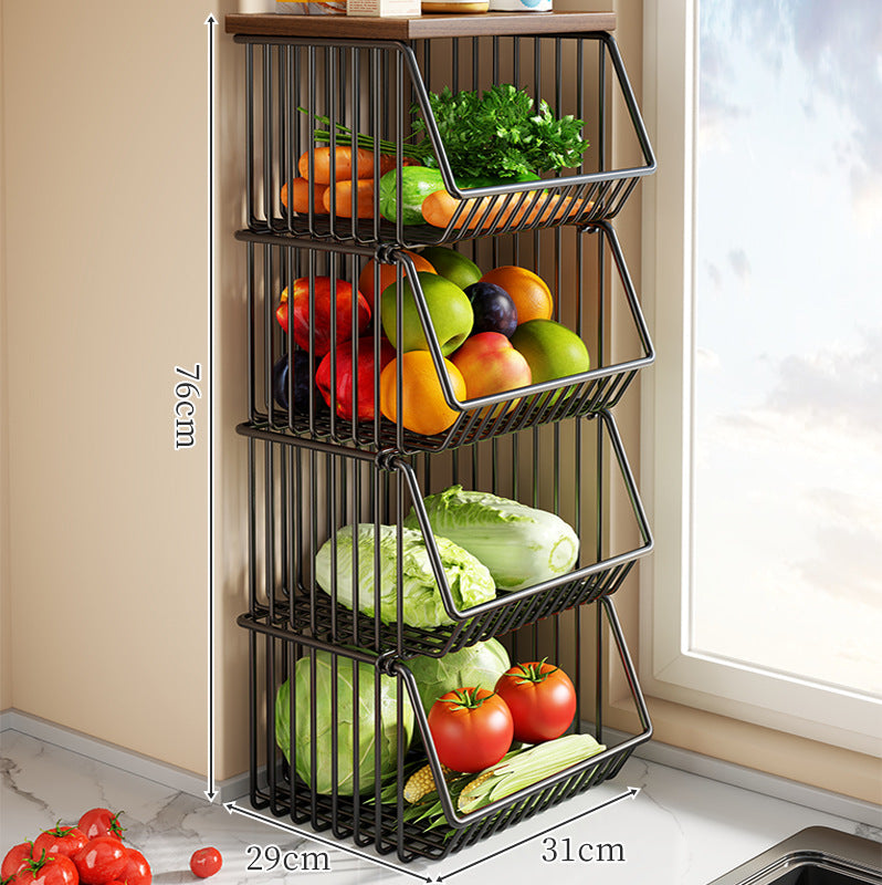 Countertop Wooden-Top Metal Wire Produce Storage Basket with Front-Tilt Access